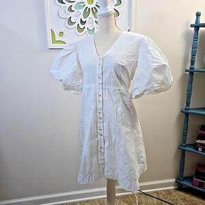 Endless Rose Women's Large White Puff Balloon Sleeve Mini Dress Button Up Lined